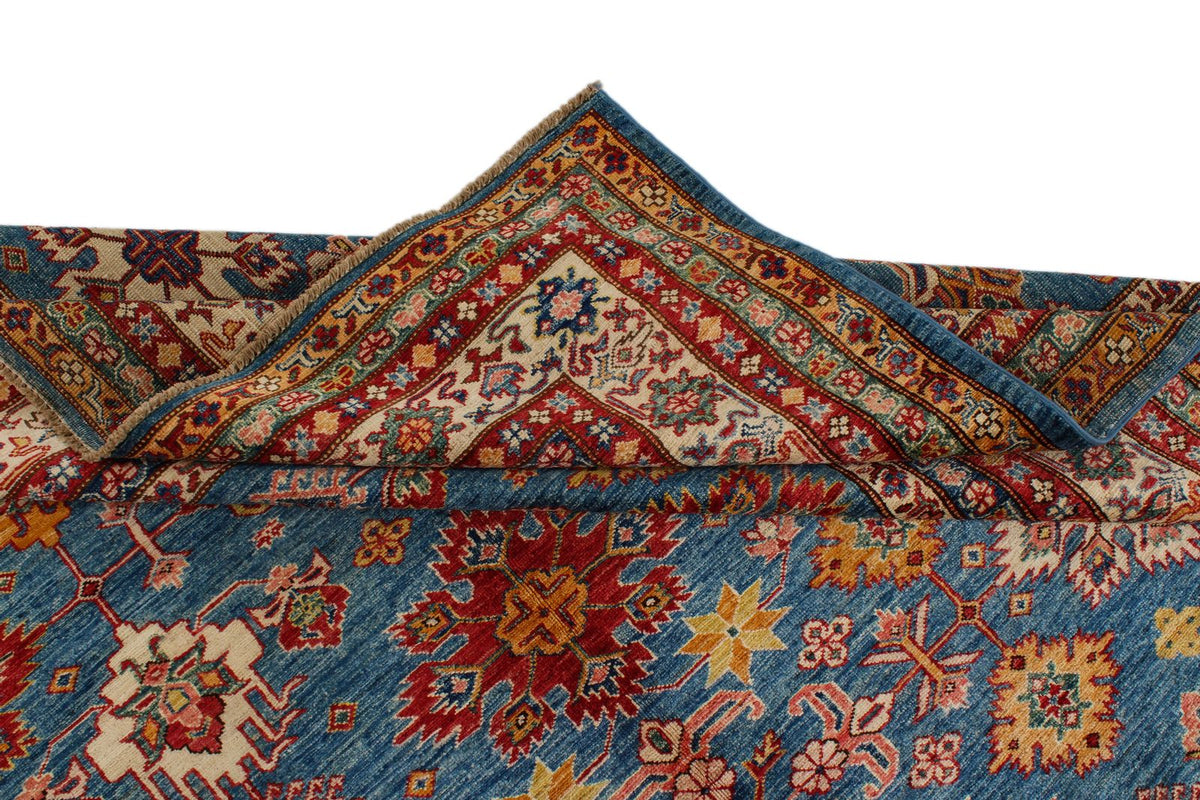 8x10 Blue and Ivory Kazak Tribal Rug