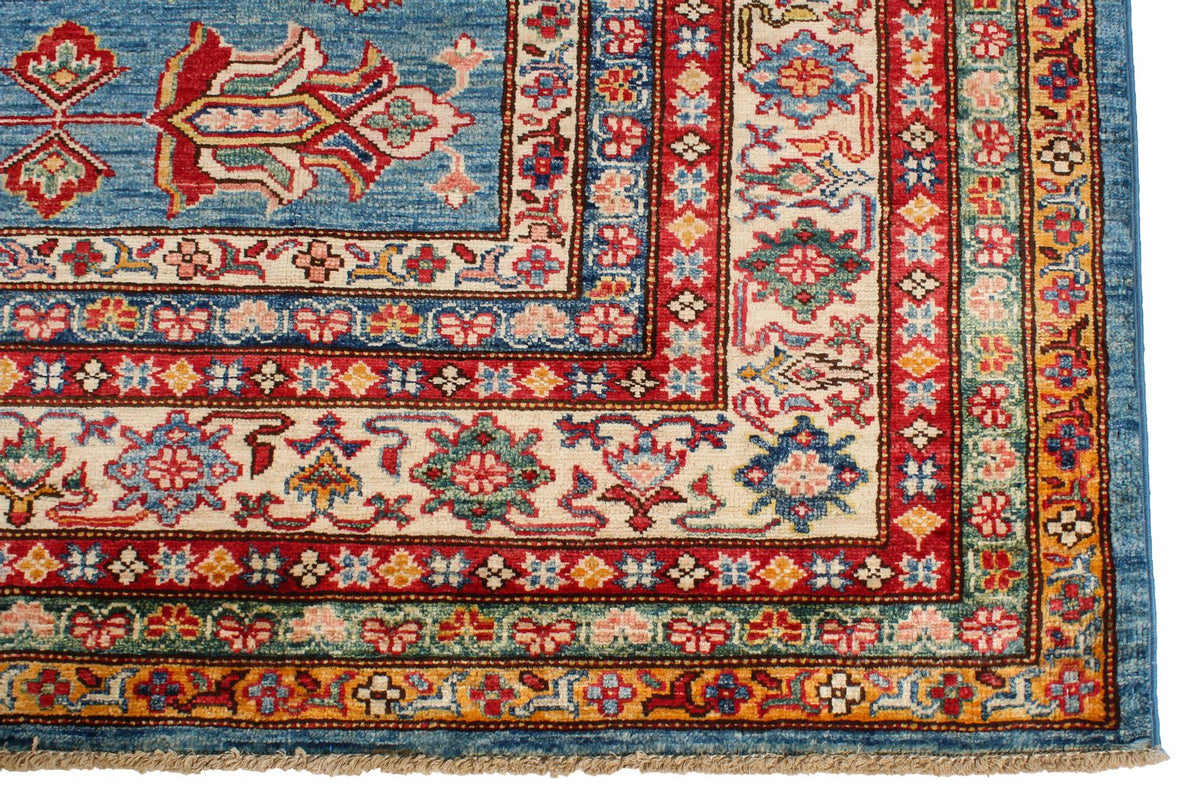8x10 Blue and Ivory Kazak Tribal Rug