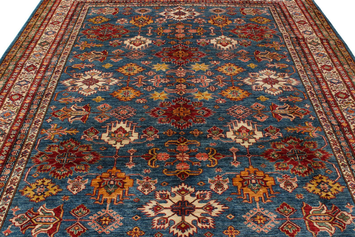8x10 Blue and Ivory Kazak Tribal Rug