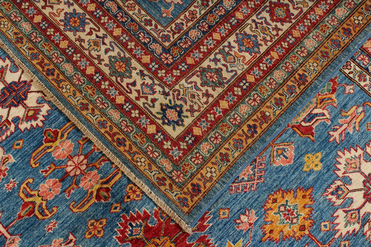 8x10 Blue and Ivory Kazak Tribal Rug