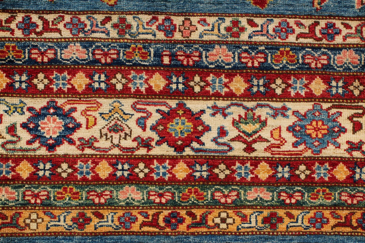 8x10 Blue and Ivory Kazak Tribal Rug