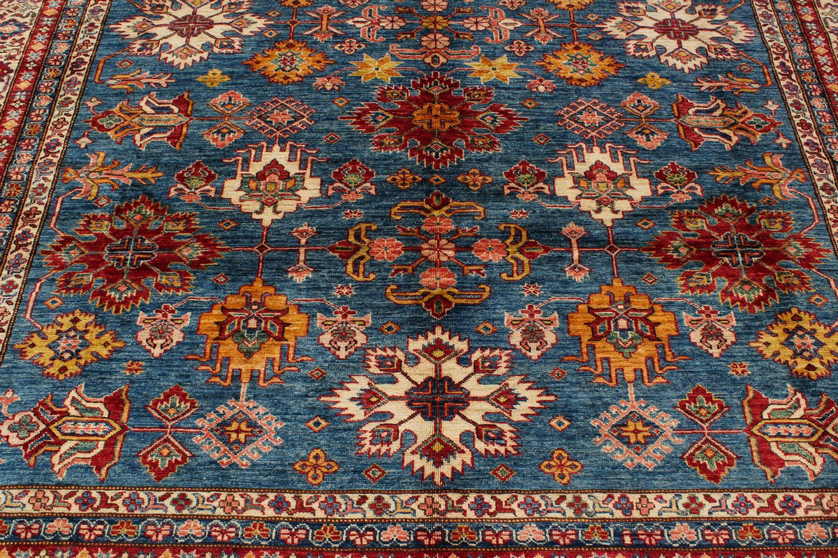 8x10 Blue and Ivory Kazak Tribal Rug