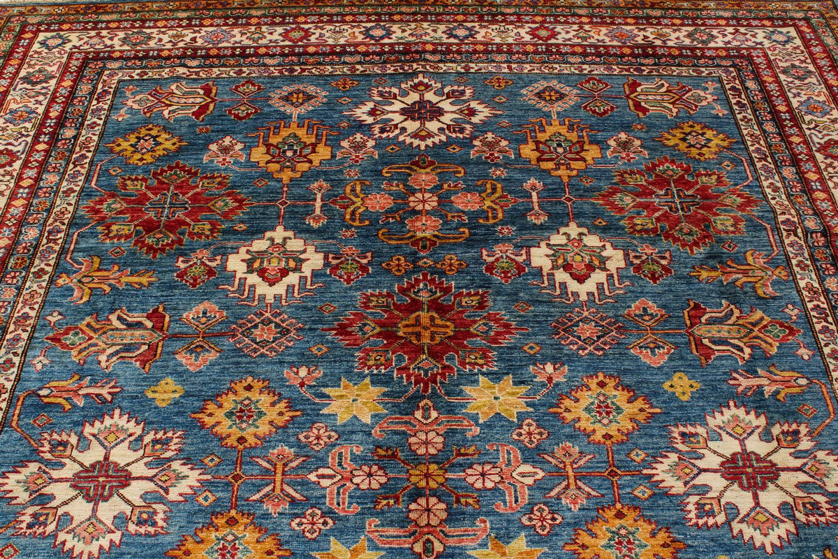 8x10 Blue and Ivory Kazak Tribal Rug