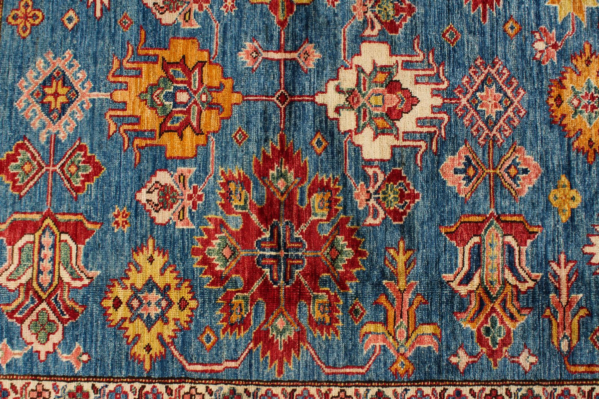 8x10 Blue and Ivory Kazak Tribal Rug