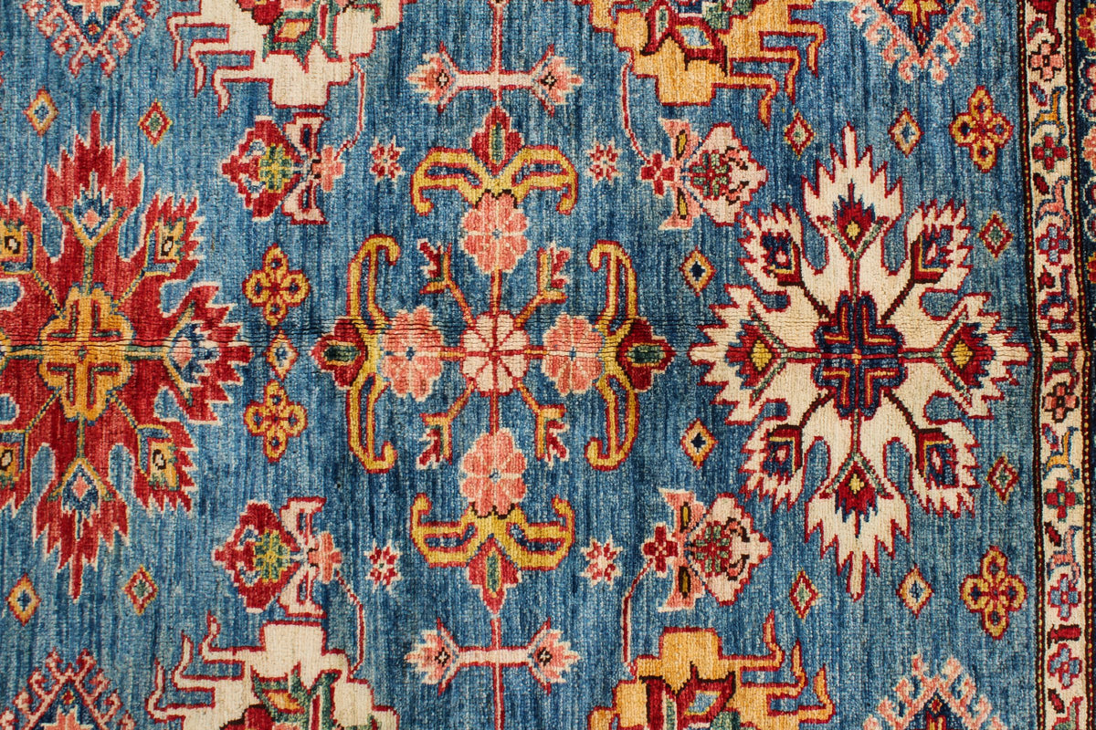 8x10 Blue and Ivory Kazak Tribal Rug