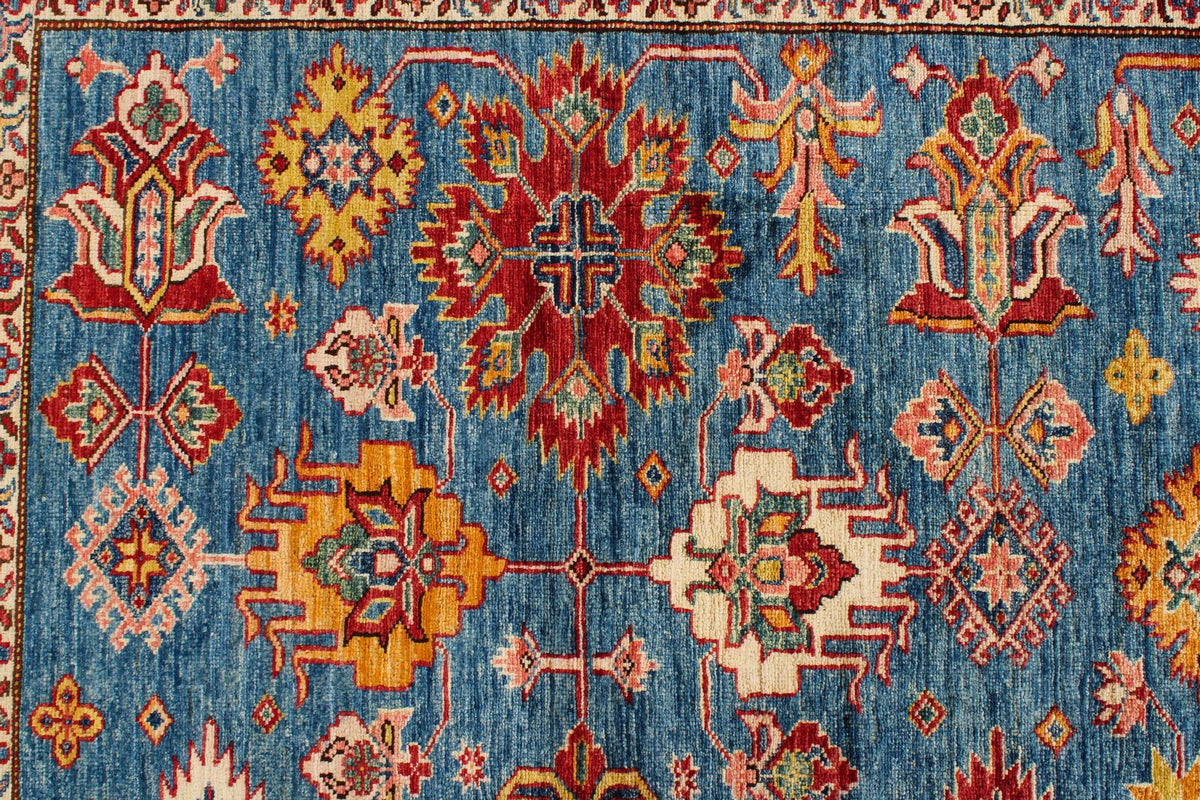 8x10 Blue and Ivory Kazak Tribal Rug