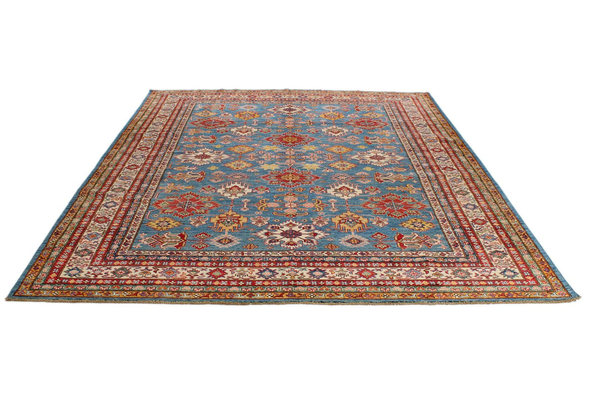 8x10 Blue and Ivory Kazak Tribal Rug