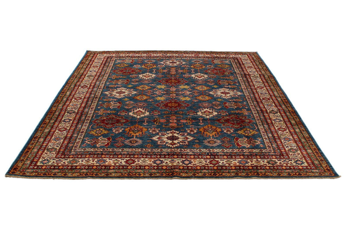8x10 Blue and Ivory Kazak Tribal Rug