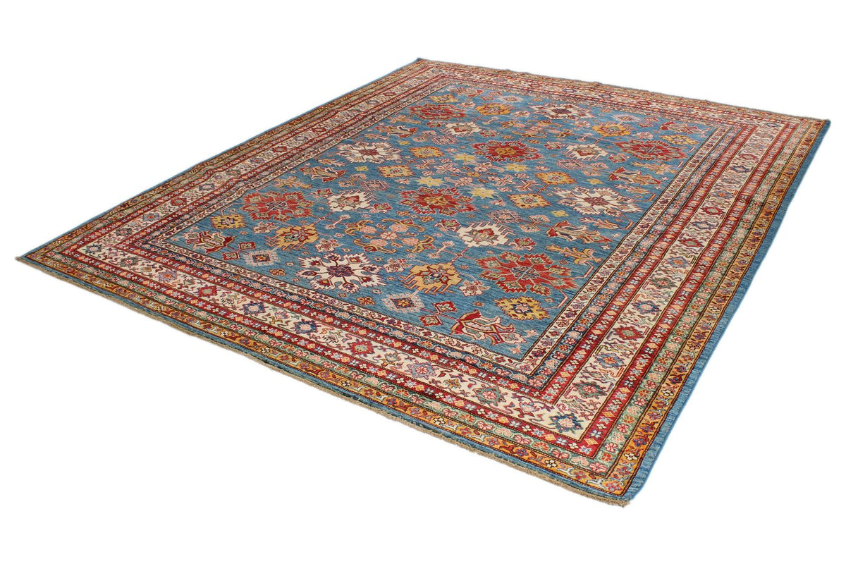 8x10 Blue and Ivory Kazak Tribal Rug