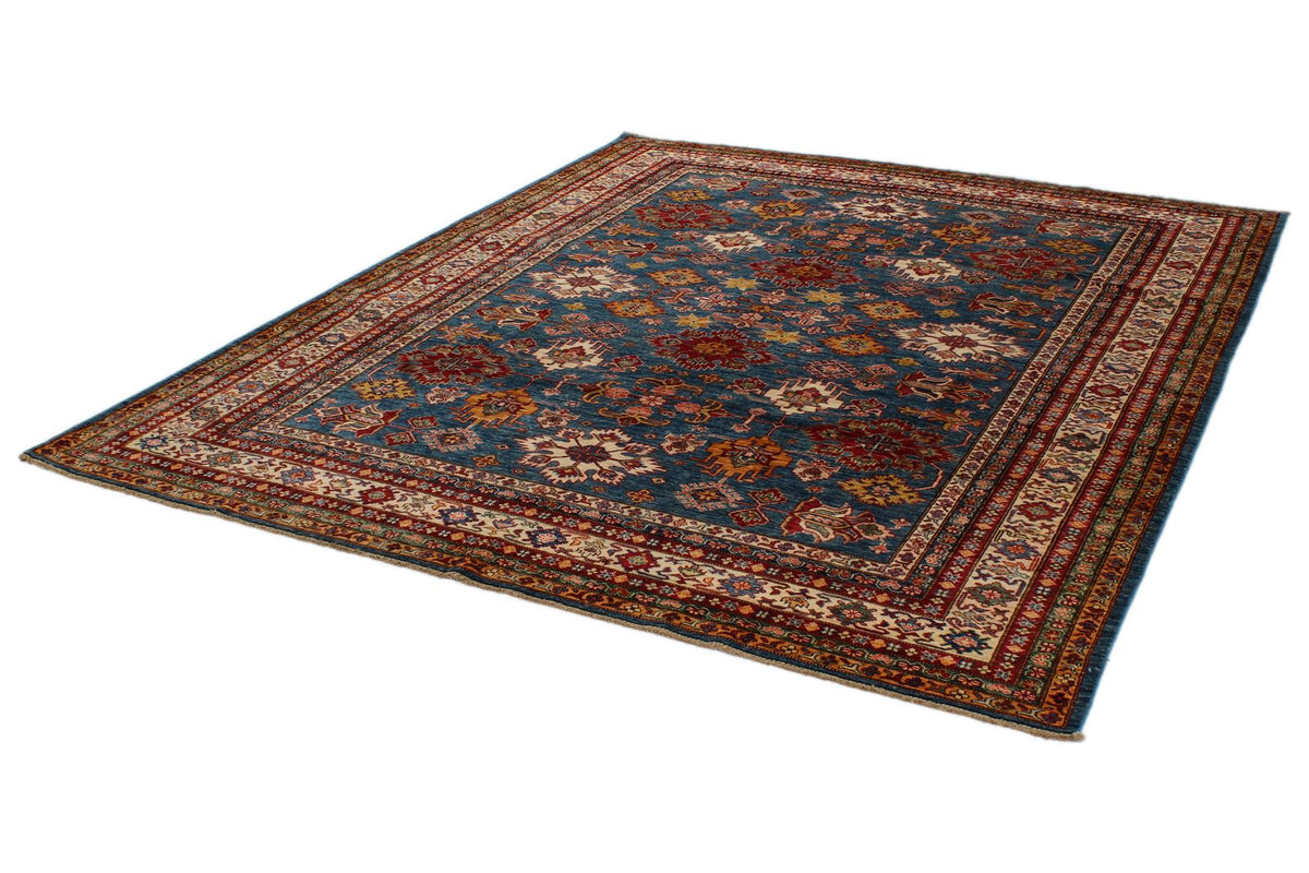 8x10 Blue and Ivory Kazak Tribal Rug