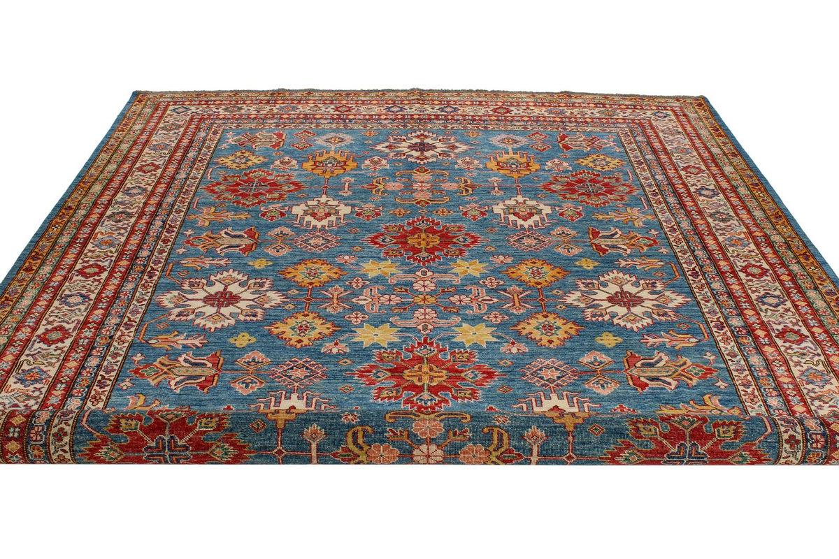 8x10 Blue and Ivory Kazak Tribal Rug
