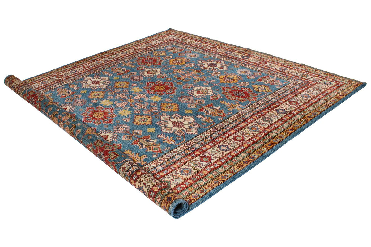 8x10 Blue and Ivory Kazak Tribal Rug