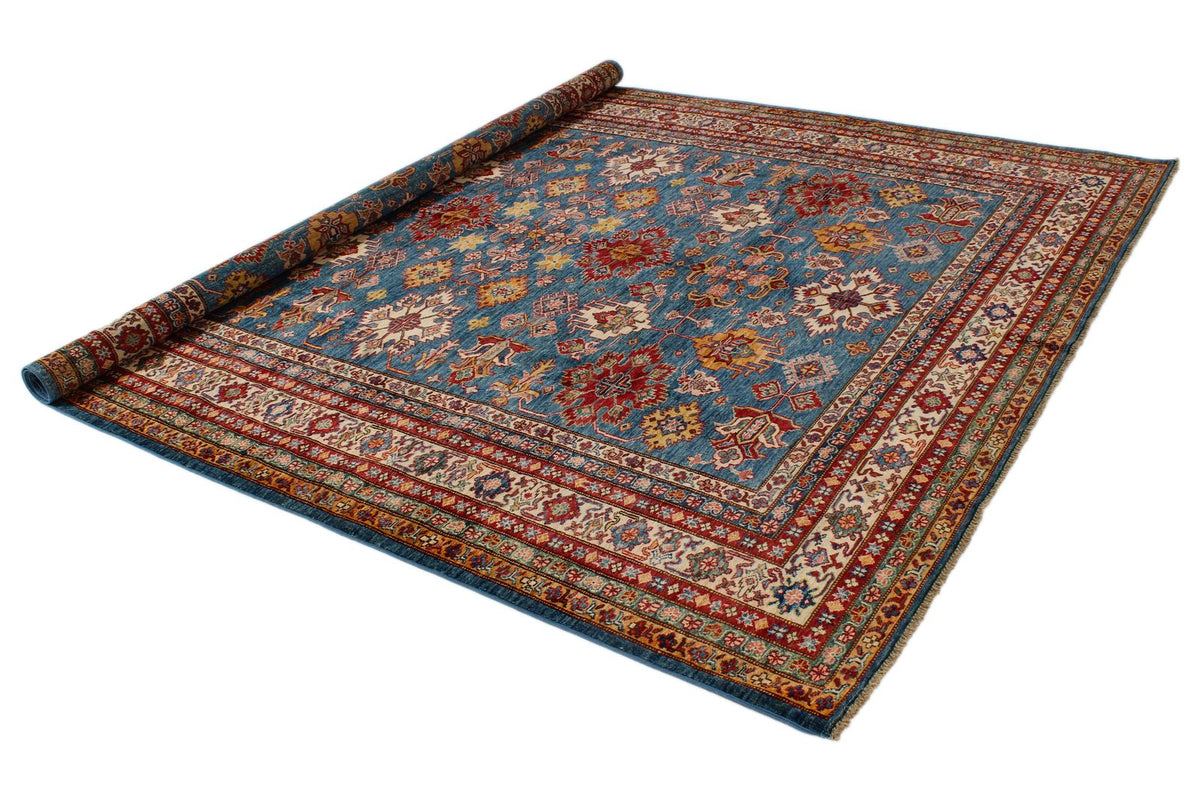8x10 Blue and Ivory Kazak Tribal Rug