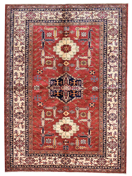 6x8 Red and Ivory Kazak Tribal Rug