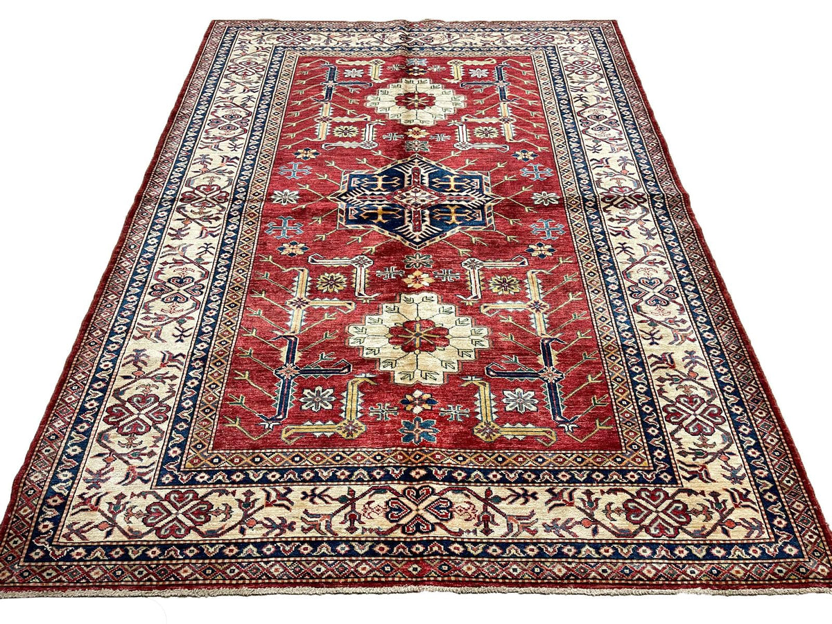 6x8 Red and Ivory Kazak Tribal Rug