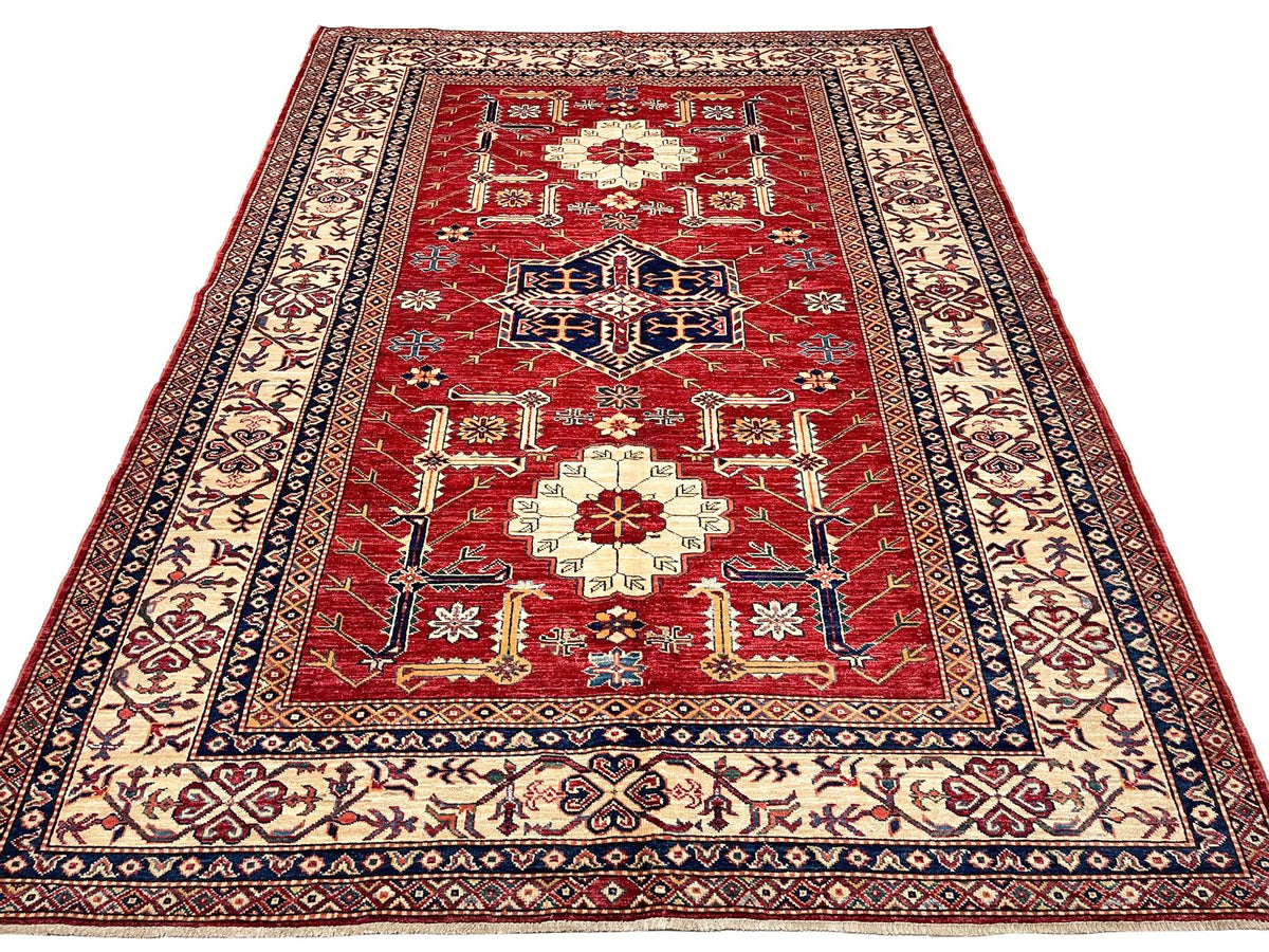6x8 Red and Ivory Kazak Tribal Rug