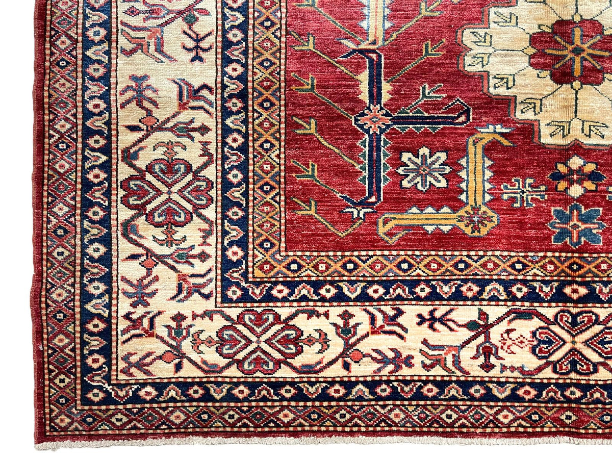 6x8 Red and Ivory Kazak Tribal Rug