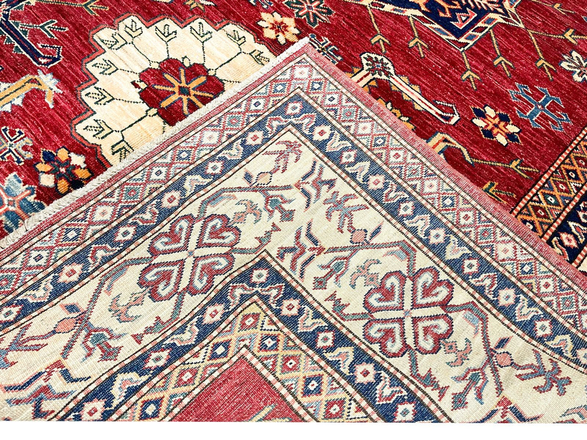 6x8 Red and Ivory Kazak Tribal Rug