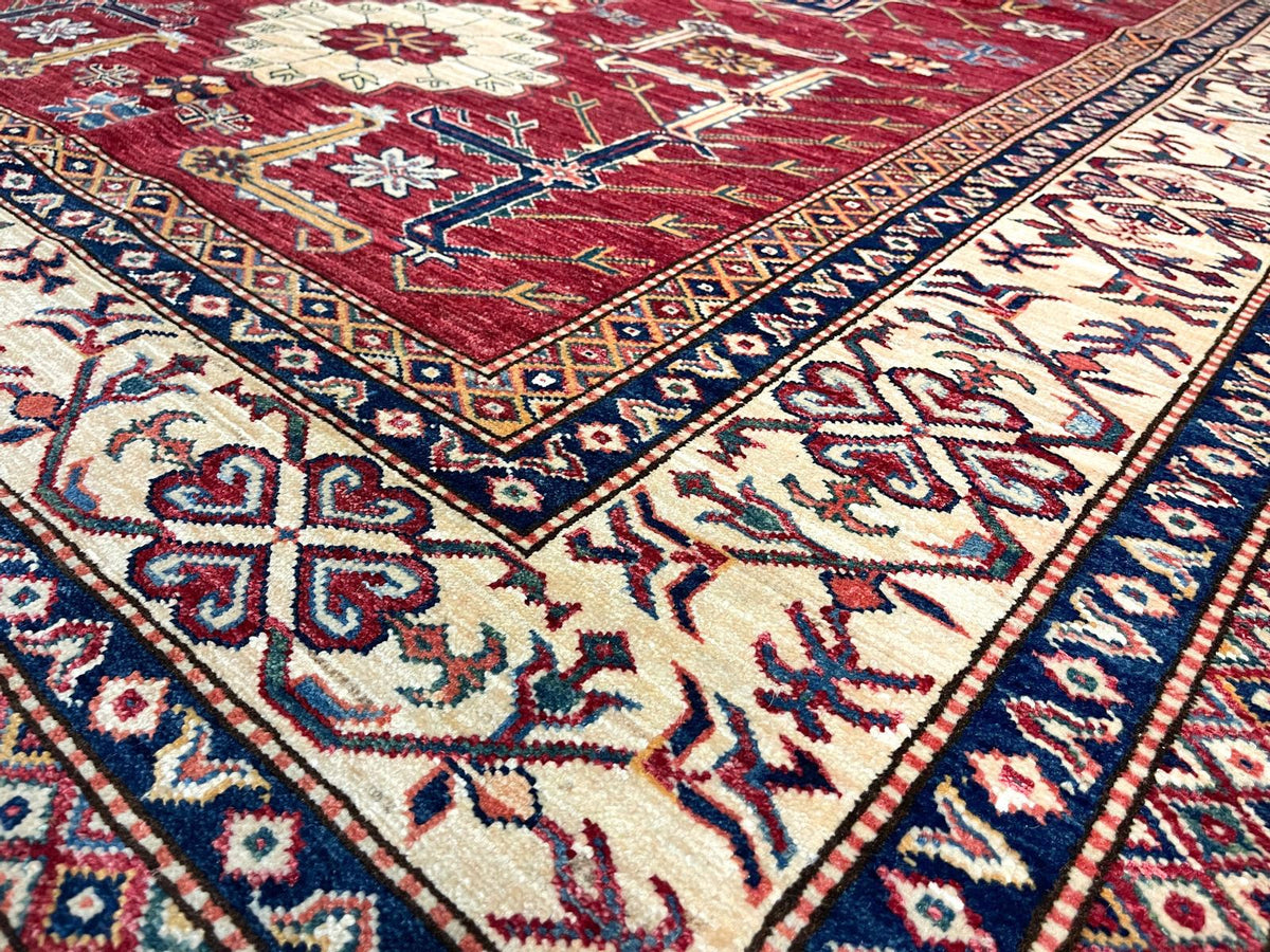 6x8 Red and Ivory Kazak Tribal Rug