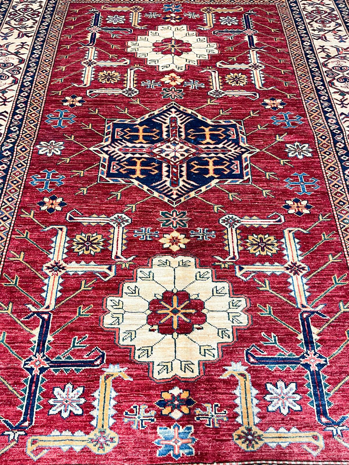 6x8 Red and Ivory Kazak Tribal Rug