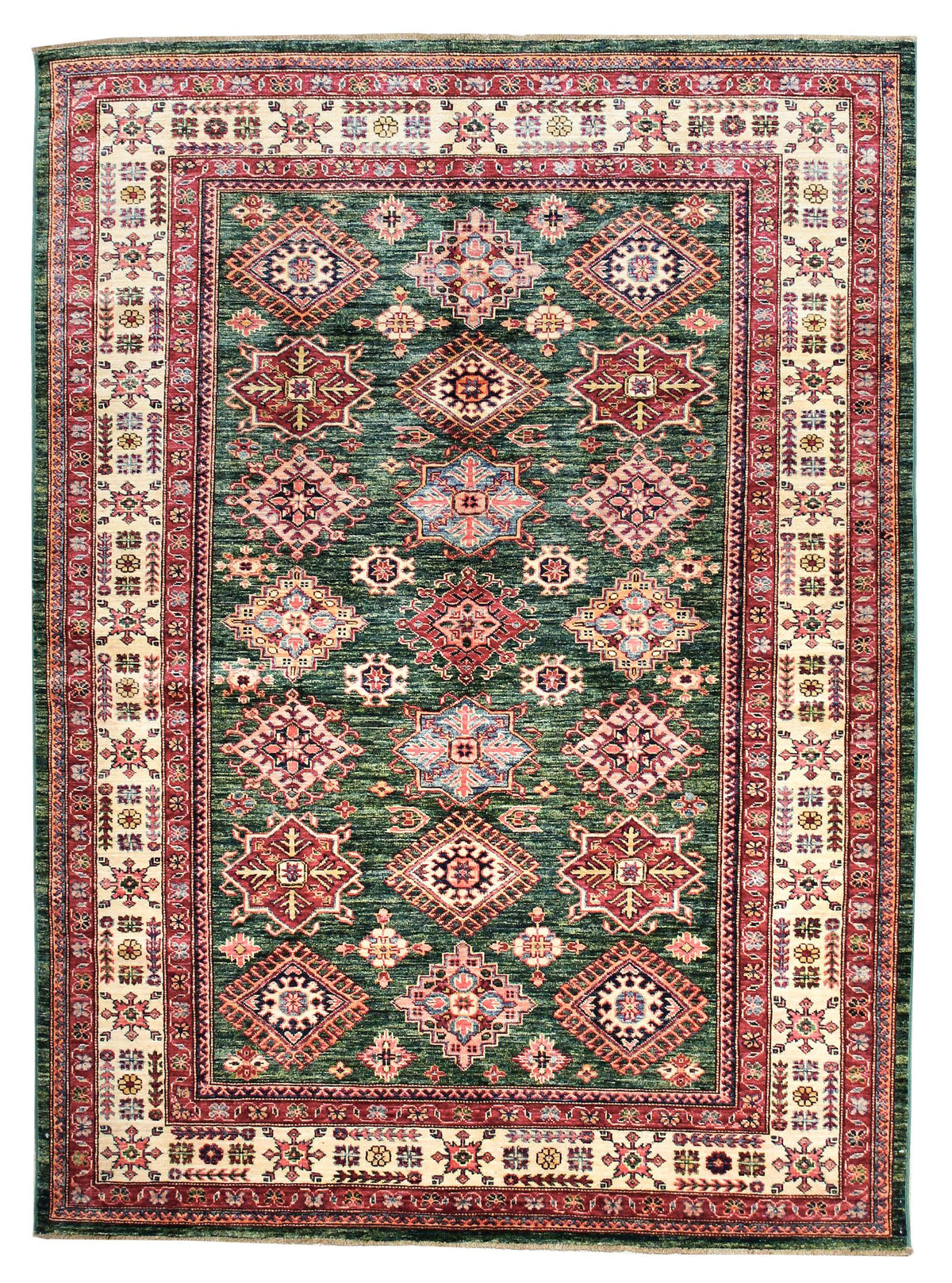 6x8 Green and Ivory Kazak Tribal Rug