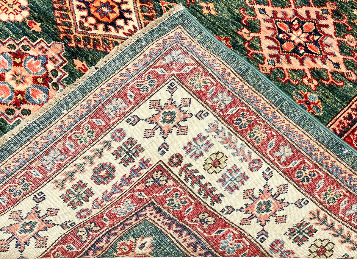 6x8 Green and Ivory Kazak Tribal Rug