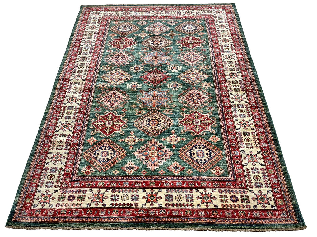 6x8 Green and Ivory Kazak Tribal Rug