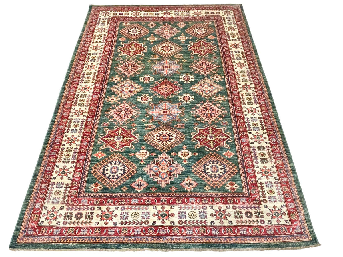 6x8 Green and Ivory Kazak Tribal Rug