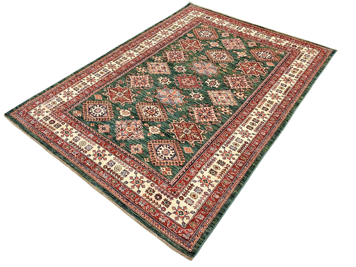 6x8 Green and Ivory Kazak Tribal Rug