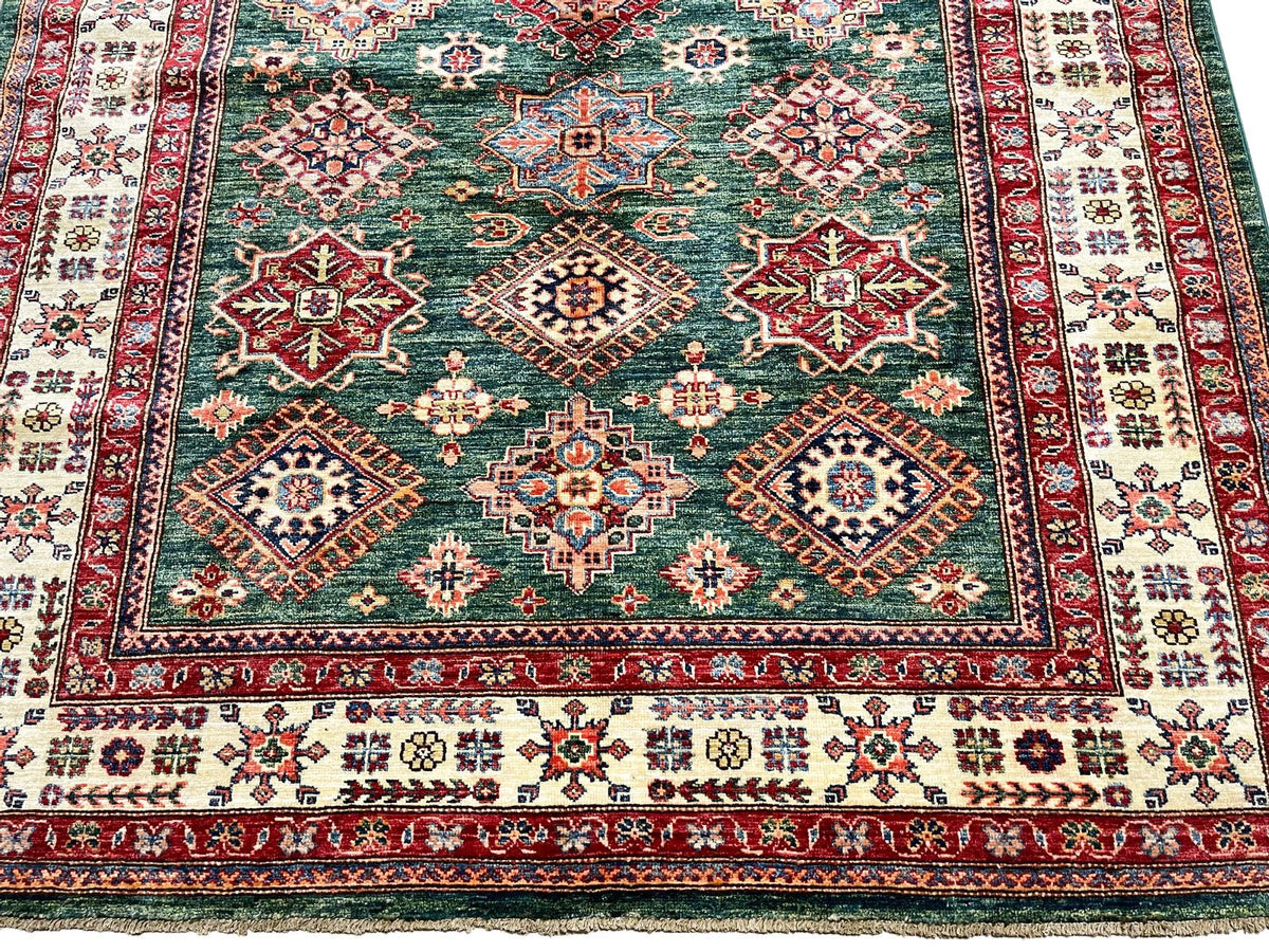 6x8 Green and Ivory Kazak Tribal Rug