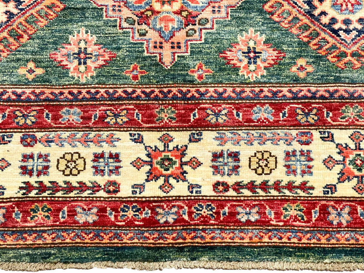6x8 Green and Ivory Kazak Tribal Rug