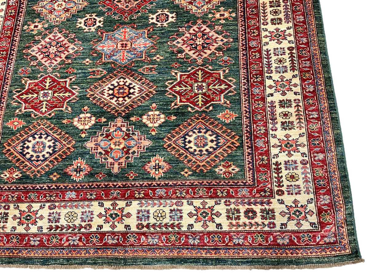 6x8 Green and Ivory Kazak Tribal Rug