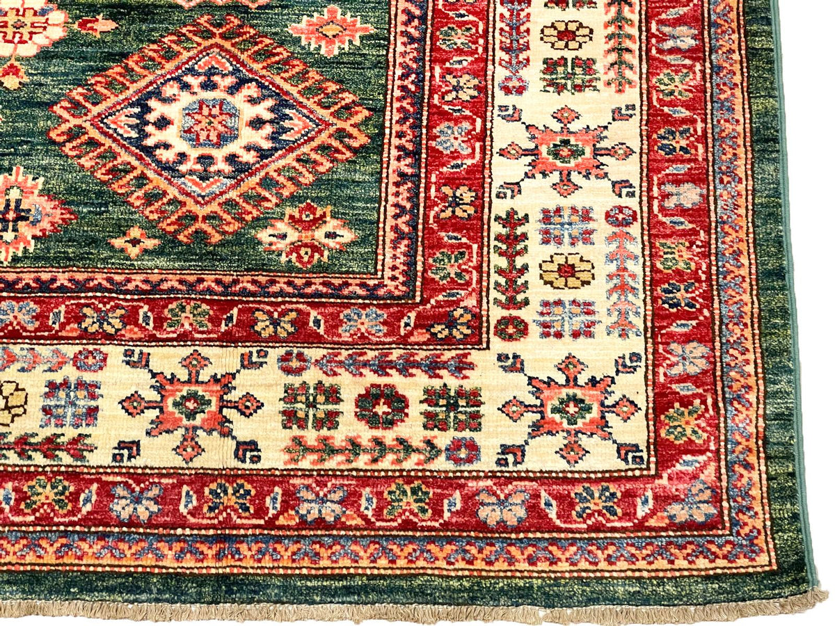 6x8 Green and Ivory Kazak Tribal Rug