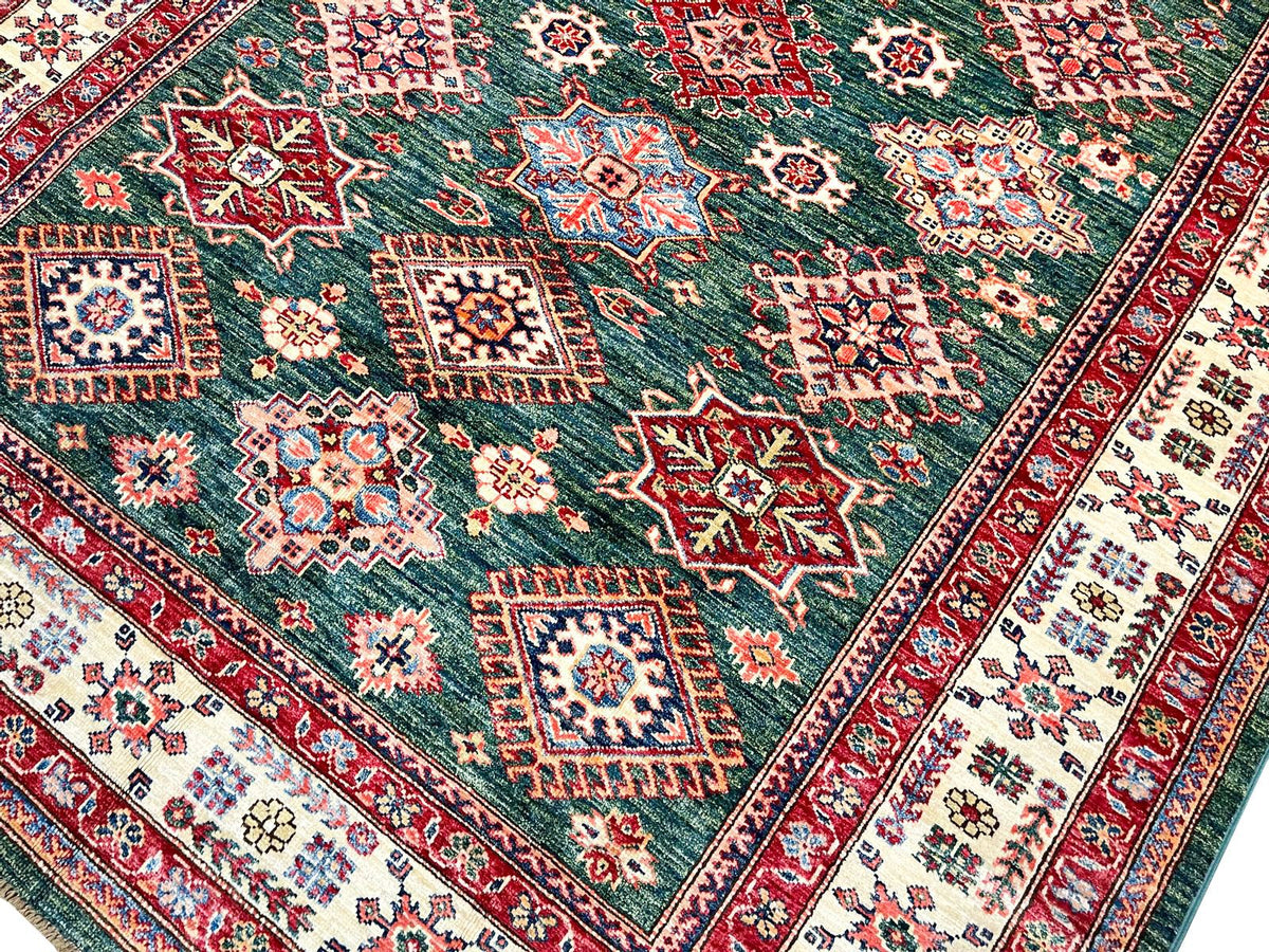 6x8 Green and Ivory Kazak Tribal Rug