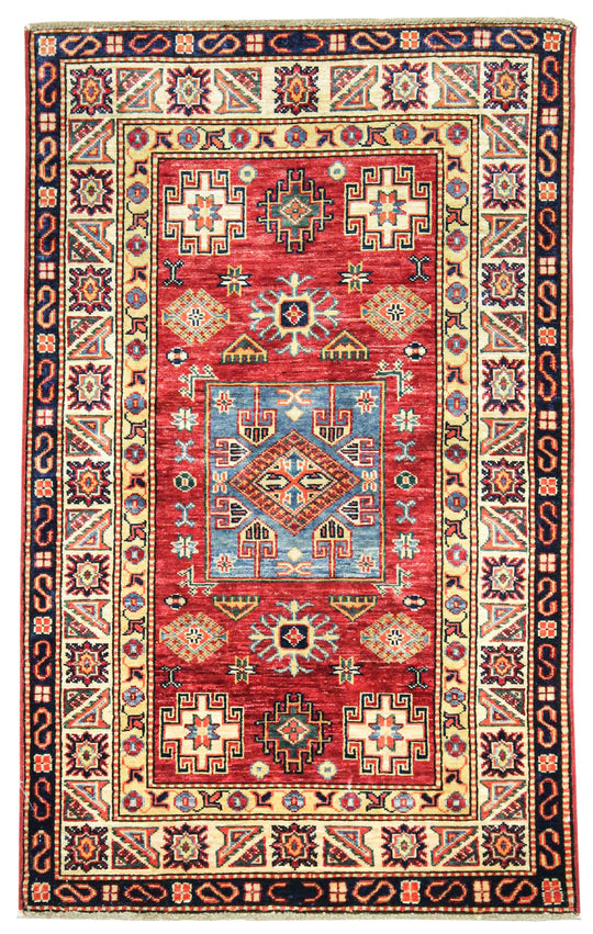 3x5 Red and Ivory Kazak Tribal Rug