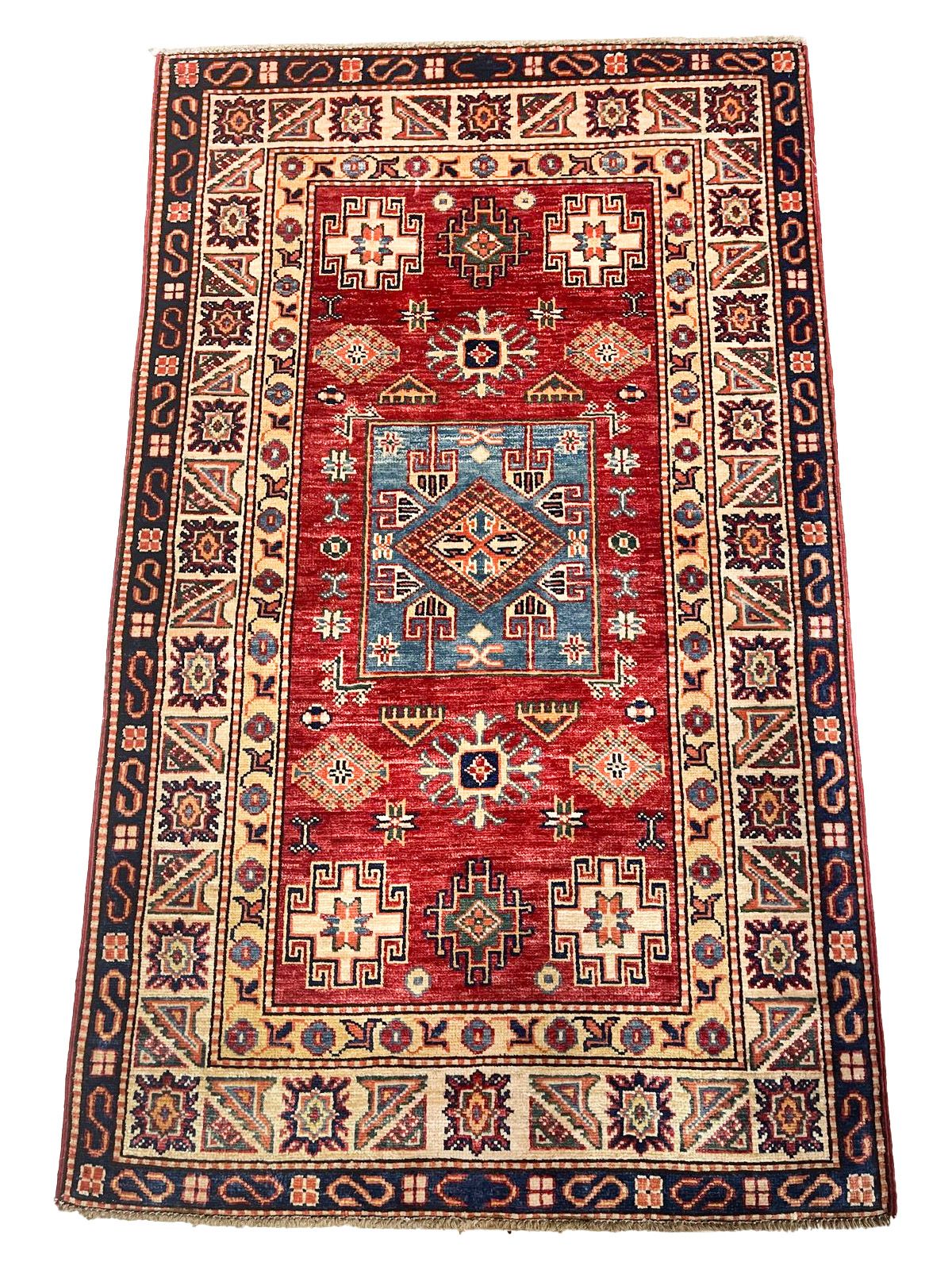 3x5 Red and Ivory Kazak Tribal Rug