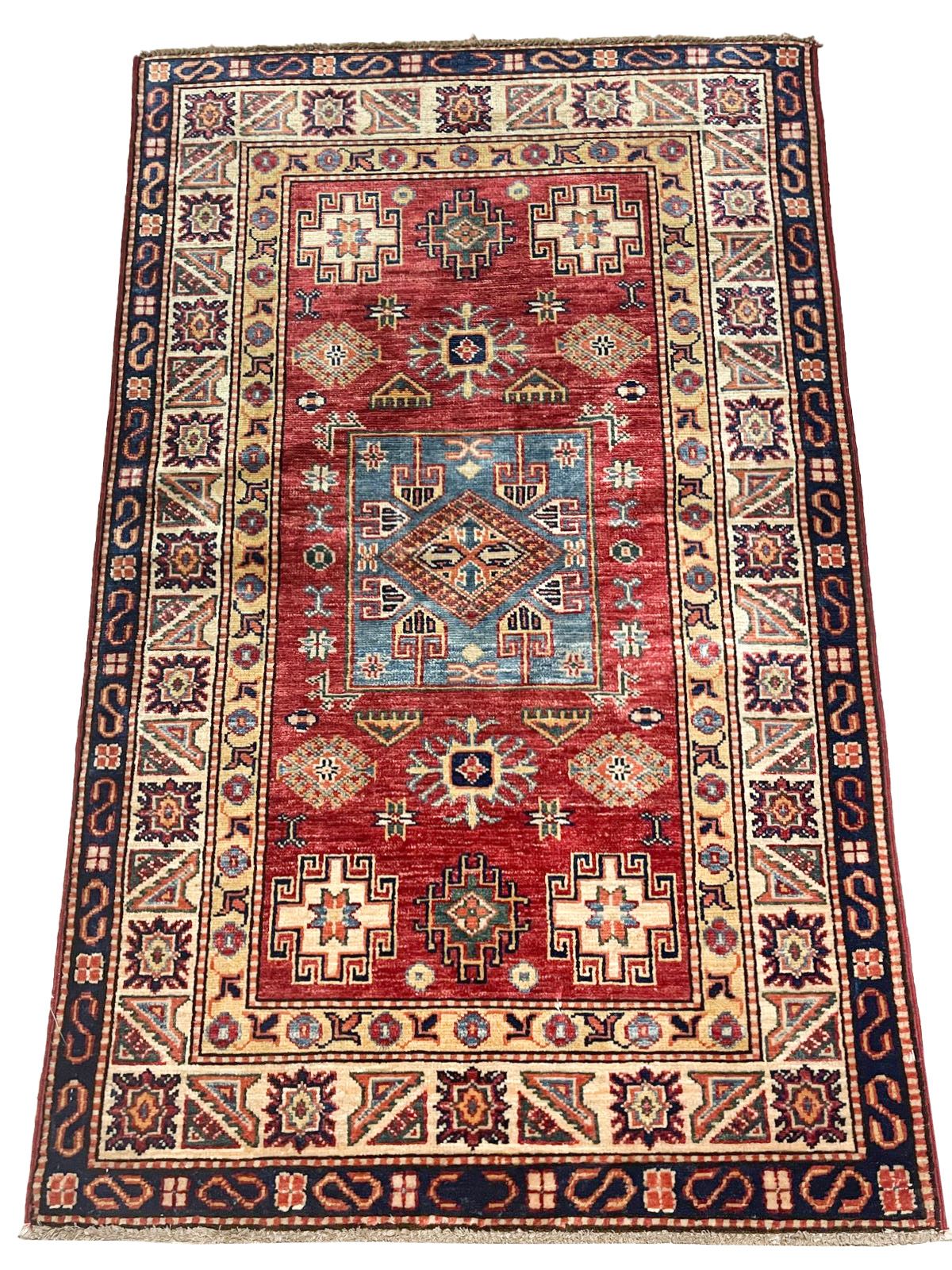3x5 Red and Ivory Kazak Tribal Rug