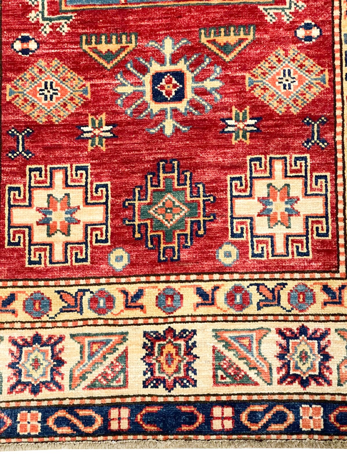 3x5 Red and Ivory Kazak Tribal Rug