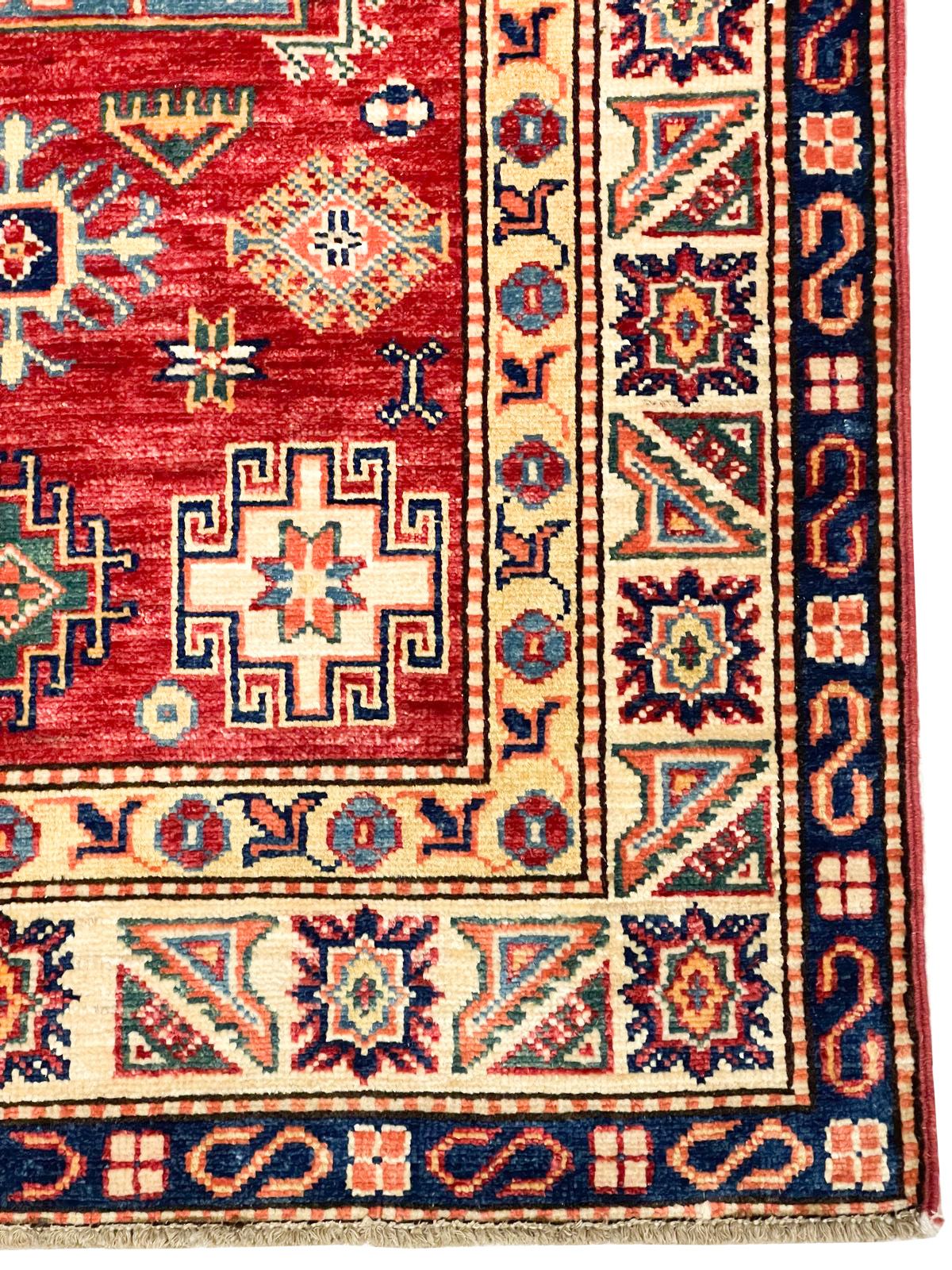 3x5 Red and Ivory Kazak Tribal Rug