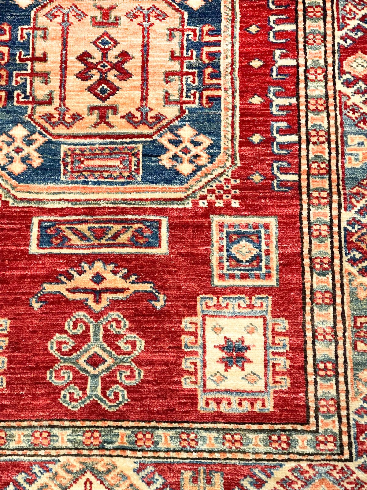 3x5 Red and Ivory Kazak Tribal Rug