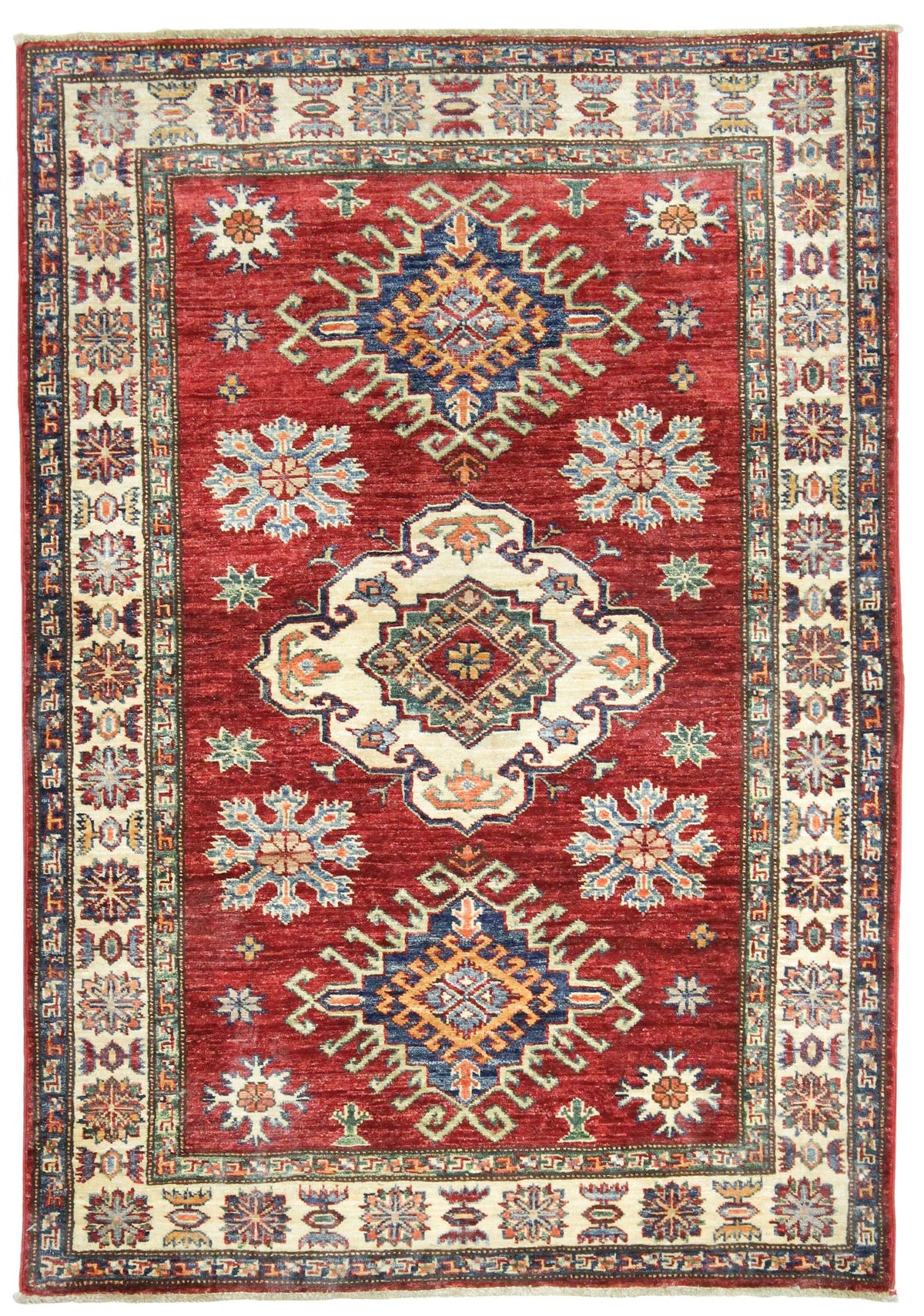 4x5 Red and Ivory Kazak Tribal Rug