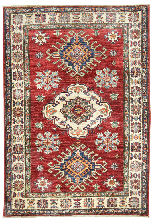 4x5 Red and Ivory Kazak Tribal Rug