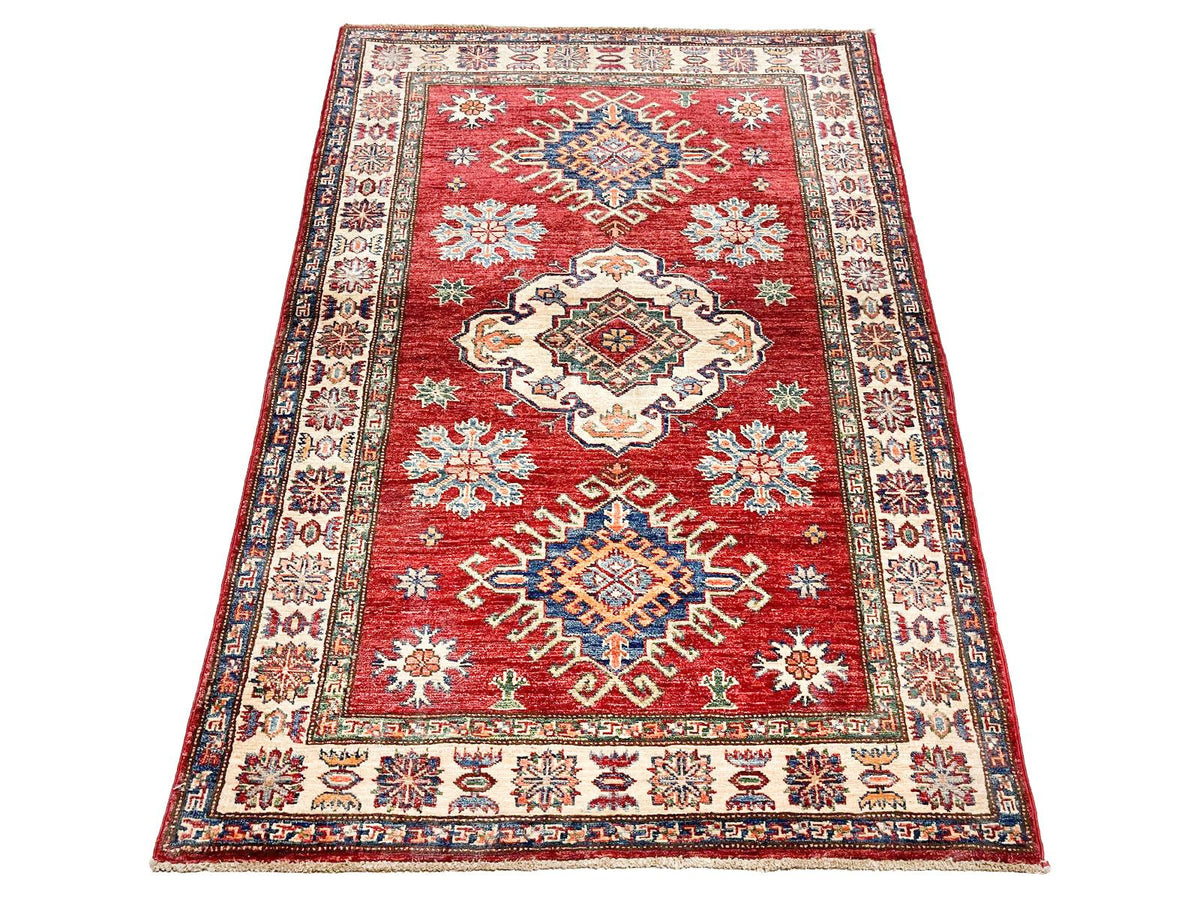 4x5 Red and Ivory Kazak Tribal Rug