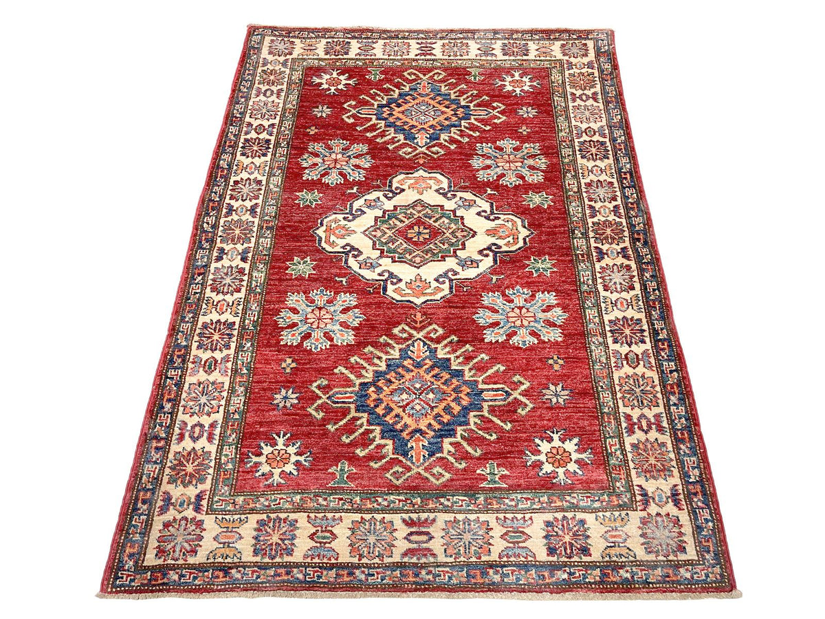 4x5 Red and Ivory Kazak Tribal Rug