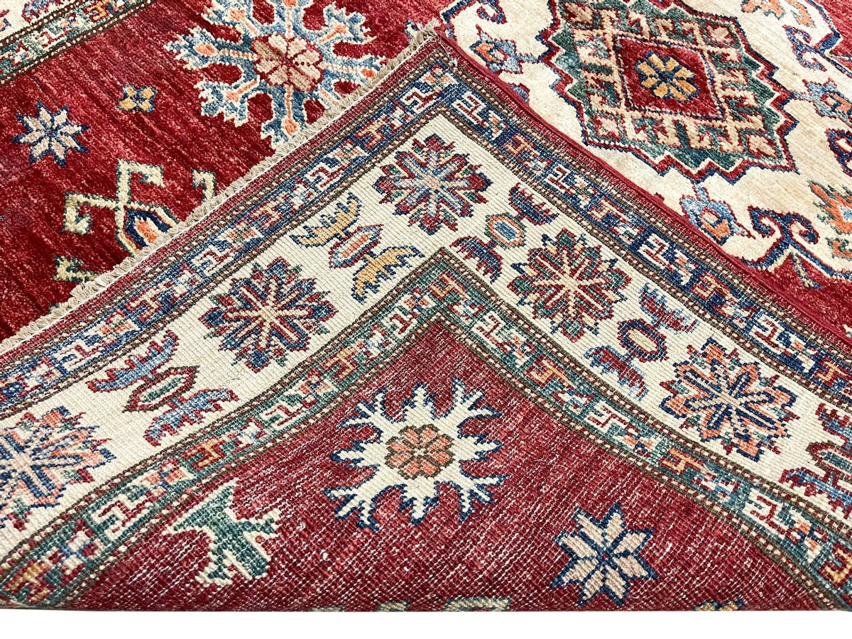 4x5 Red and Ivory Kazak Tribal Rug