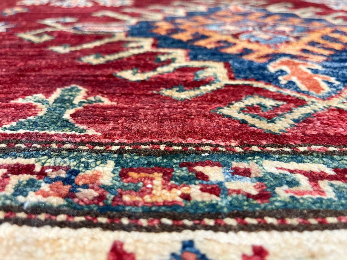 4x5 Red and Ivory Kazak Tribal Rug