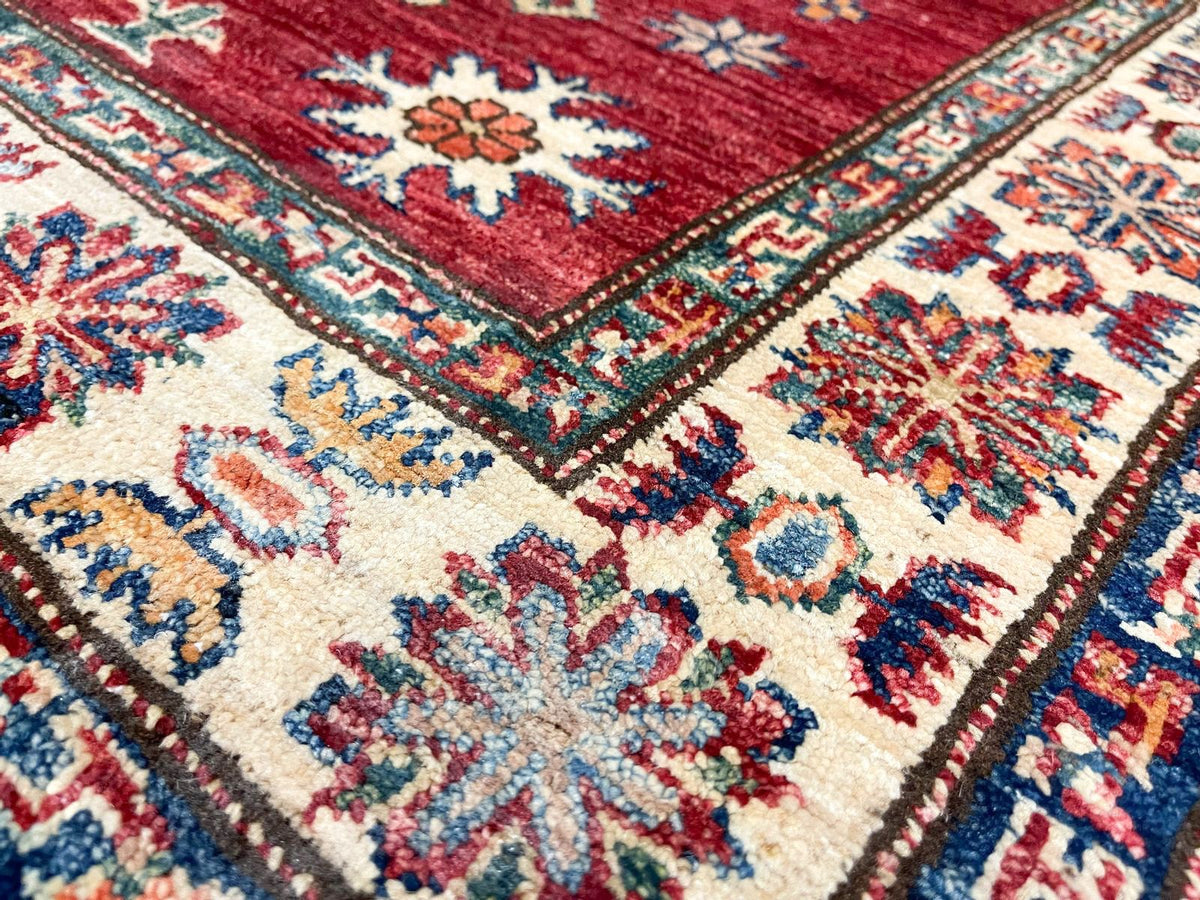 4x5 Red and Ivory Kazak Tribal Rug