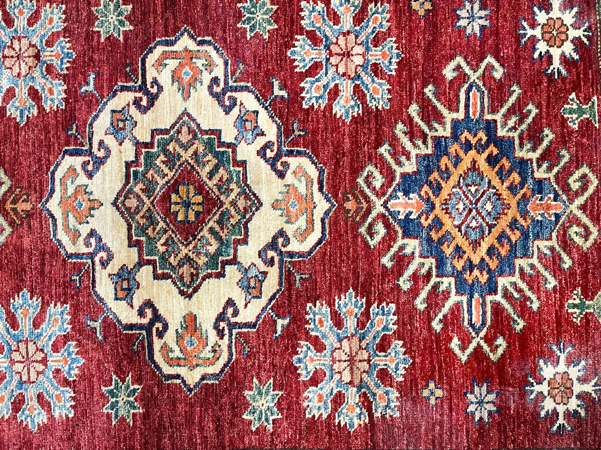 4x5 Red and Ivory Kazak Tribal Rug