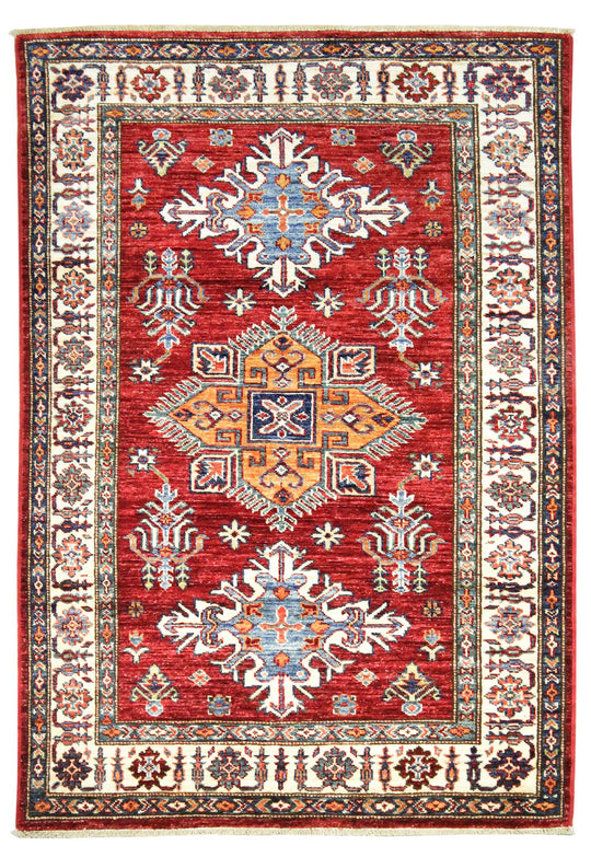 4x5 Red and Ivory Kazak Tribal Rug