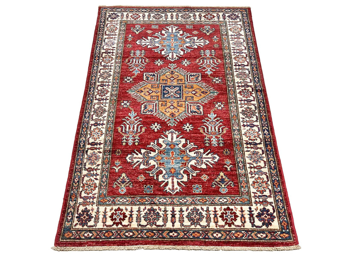 4x5 Red and Ivory Kazak Tribal Rug